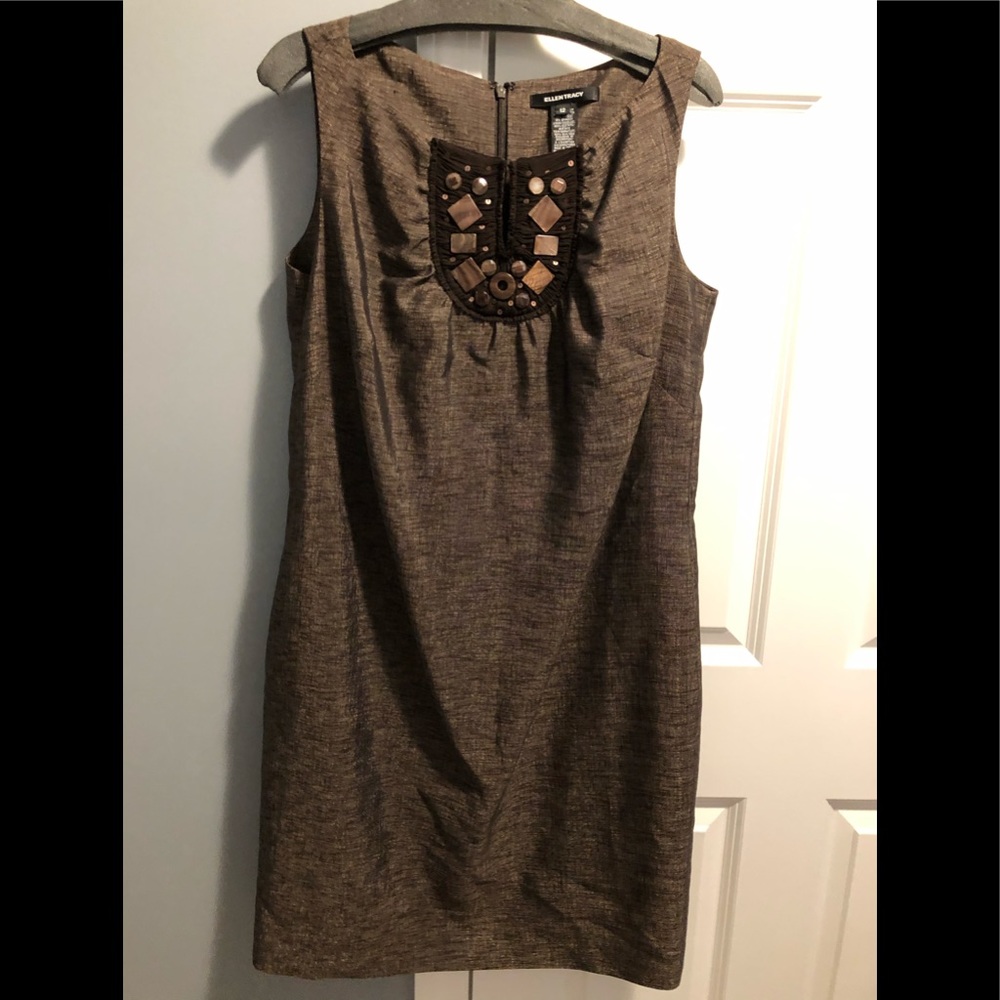 Ellen Tracy Brown Jeweled Sleeveless Dress